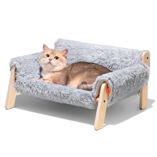 MEWOOFUN Erhöhtes Katzenbett Sofa aus Holz, 56x45cm robust großes Katzensofa – modischer Katzenstuhl mit abnehmbarem Matratzenbezug Belastbar mit 10 kg (Grau, 56x45cm) von MEWOOFUN