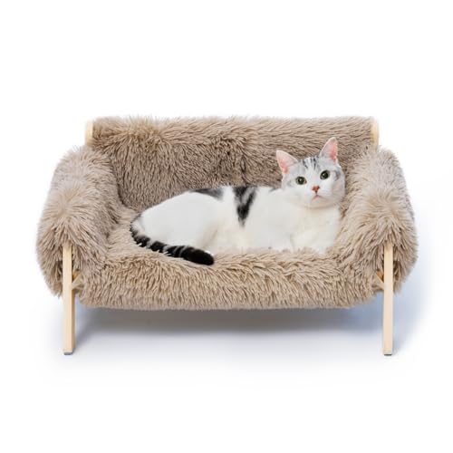 MEWOOFUN Erhöhtes Katzenbett Sofa aus Holz, 56x45cm robust großes Katzensofa – modischer Katzenstuhl mit abnehmbarem Matratzenbezug Belastbar mit 10 kg (Hellbraun, 56x45cm) von MEWOOFUN