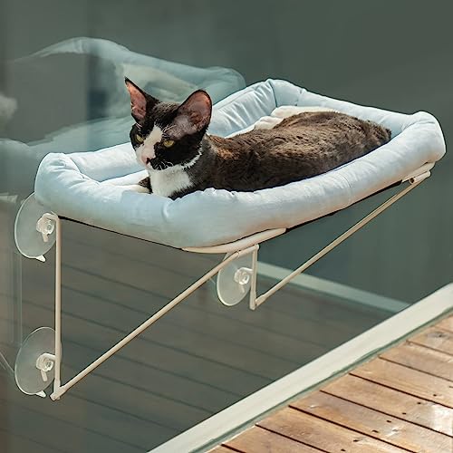 MEWOOFUN Große Katzen Fenster Sitzstange, faltbar, stabiles Katzen-Fenster-Hängemattenbett Metall, unterstützt mit Haustierbett für Hauskatzen, die bis zu 18 kg halten, 52 x 30 cm, Blau von MEWOOFUN