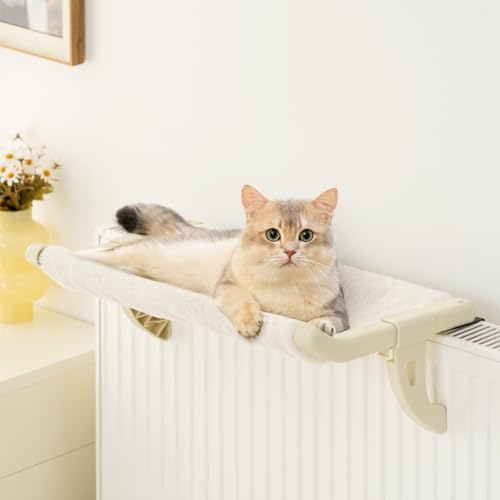 MEWOOFUN Hängematte Katze Heizung Katzen Fenster Hängematte für Katzen – 60 x 36cm Verstellbarer Katzen Fensterbet, stabiles Katzenhängematte Katzenbett für bis zu 18 kg (2-in-1 beige) von MEWOOFUN