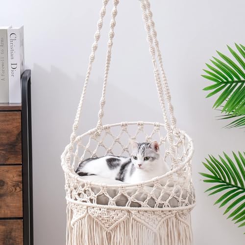 MEWOOFUN Handgewebte Makramee Katzenhängematte - Boho Katzenschaukel für Indoor-Katzen, dekoratives hängendes Katzenbett zum Schlafen, Spielen und Entspannen - Katzennester Haustierschaukel Bett mit von MEWOOFUN