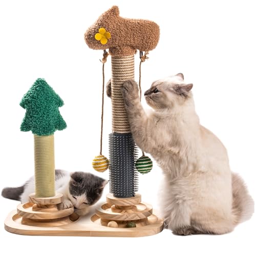 MEWOOFUN Interaktives Holz 3-in-1 Kätzchenspielzeug Katzenspielzeug, 2-lagiger Drehteller Interaktives Katzenspielzeug mit Minzkugeln und Katzen Hängende Bälle, Katze Sisalseil Kratzbaum für Indoor von MEWOOFUN