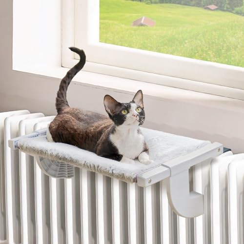 MEWOOFUN Hängematte Katze Heizung, Katzenbett Fenster for Katzen – Verstellbarer hängematte Katzen mit 2-seitigem Kissen, stabiles Katzenbett bis zu 18 kg, grau von MEWOOFUN