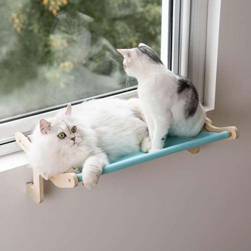 MEWOOFUN Katzen-Fensterstange Lounge Mount Hängematte Fenster Sitz Bett Regale für Indoor Katzen ohne Bohren kein Saugnapf (Groß Blau/Grau) von MEWOOFUN