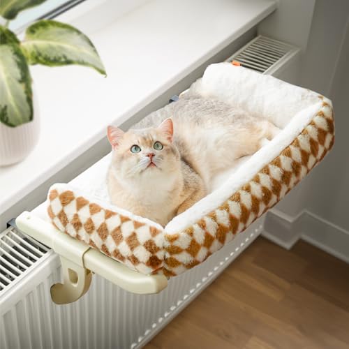 MEWOOFUN Katzen Hängematte Fenster Katzenbett Fensterbank für Katzen - 50x36cm Katzenbett für Heizung Katzen Hängematte mit mit weichem Bett Abnehmbarem Saugnapffrei hält 18kg (Braun L- mit Bett) von MEWOOFUN