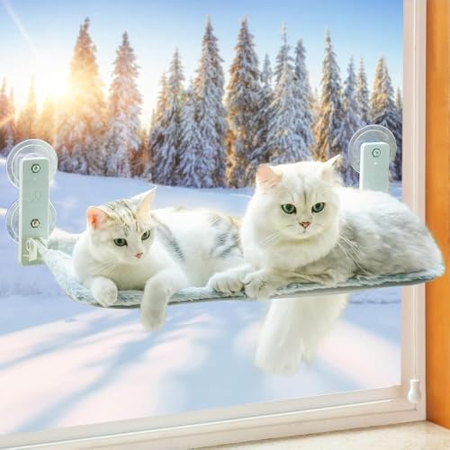 MEWOOFUN Katzen Hängematte Fensterplätze für Katzen 54x30cm Klappbar Katzenbett Fenster mit Stabil Saugnäpfe bis zu 18kg (Grau, Groß) von MEWOOFUN