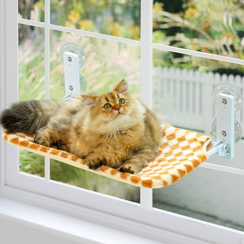 MEWOOFUN Katzen Hängematte Fensterplätze für Katzen 54x30cm Klappbar Katzenbett Fenster mit Stabil Saugnäpfe bis zu 18kg (Braun, Mittel) von MEWOOFUN