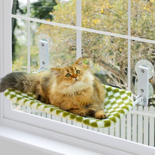 MEWOOFUN Katzen Hängematte Fensterplätze für Katzen 54x30cm Klappbar Katzenbett Fenster mit Stabil Saugnäpfe bis zu 18kg (Grün, Mittel) von MEWOOFUN