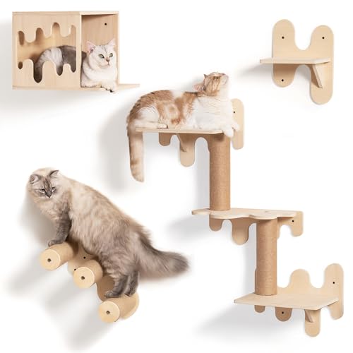 MEWOOFUN Katzen-Wandregale aus Holz, 4er-Pack, stabile Katzen-Wandmöbel mit Katzen-Wandstufen, Katzenhaus, Katzenkletterregalen und Katzensitzstange zur Wandmontage für Kätzchen und Erwachsene Katzen von MEWOOFUN