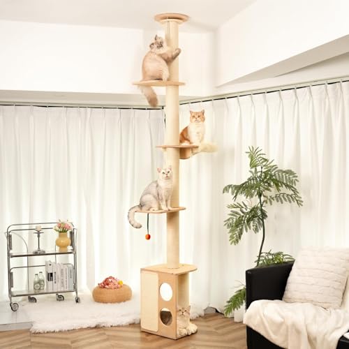 MEWOOFUN Katzenbaum vom Boden bis zur Decke für Innenkatzen, große ausgewachsene Katzen, moderner Katzenbaum aus Holz, Katzenturm, Deckenhöhe bis zu 275 cm, Katzenkletterturm zum Kratzen, Klettern und von MEWOOFUN