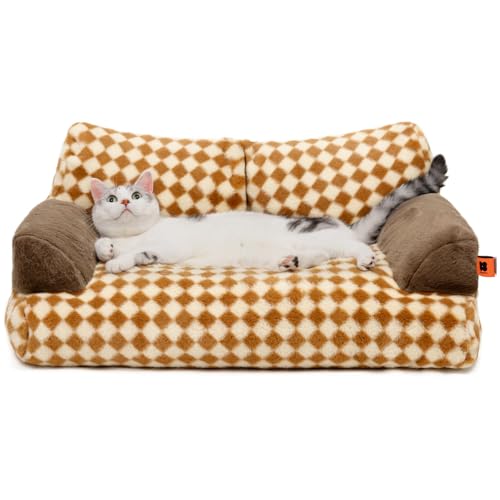 MEWOOFUN groß Katzenbett kleines Hundesofa Flauschig und waschbar Katzensofa Hundebett für Katzen, weich Katzenbett katzencouch mit Rutschfester Unterseite, Braun 66x48cm von MEWOOFUN