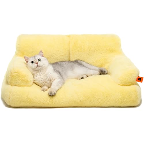 MEWOOFUN Katzenbett kleines Hundebett Flauschig und weich Katzensofa Hundesofa für mittlere und kleine Hunde/Katzen, süßes Katzenbett mit Rutschfester Unterseite, Gelb 66x48cm von MEWOOFUN