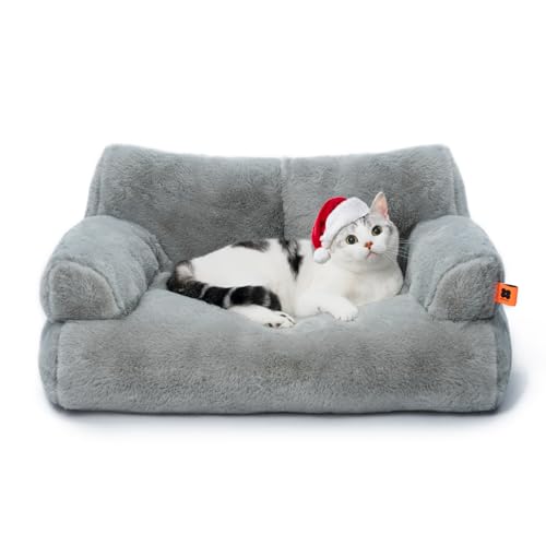 MEWOOFUN groß Katzenbett kleines Hundesofa Flauschig und waschbar Katzensofa Hundebett für Katzen, weich Katzenbett katzencouch mit Rutschfester Unterseite, Grau 66x48cm von MEWOOFUN