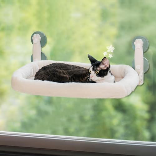 MEWOOFUN Katzen Hängematte Fenster 54x30cm katzenbett Fenster Wendbare Matte - Katzen Fensterliege mit Aktualisierung stark Saugnäpfe bis zu 18kg (Beige, M-mit Bett) von MEWOOFUN