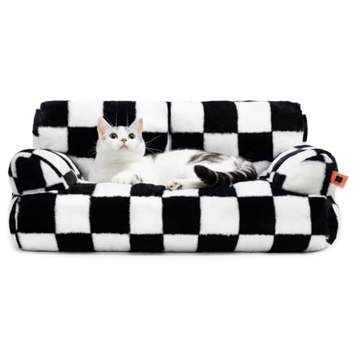 MEWOOFUN Katzenbett kleines Hundebett Flauschig und weich Katzensofa Hundesofa für mittlere und kleine Hunde/Katzen, süßes Katzenbett mit Rutschfester Unterseite, Schachbrett 66x48cm von MEWOOFUN