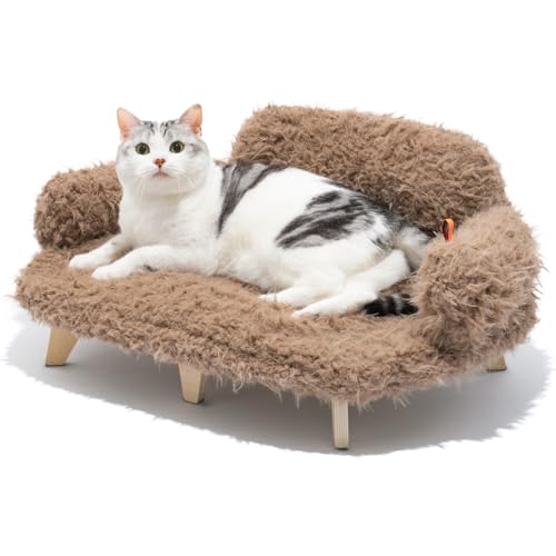 MEWOOFUN Katzensofa & Katzen Bett, 66 x 46,5 x 21,6 cm Erhöhtes Holz-Katzenbett mit Waschbarem Matratzenbezug, Robustes, Modernes Katzenmöbel für Schlafende Katzen von MEWOOFUN