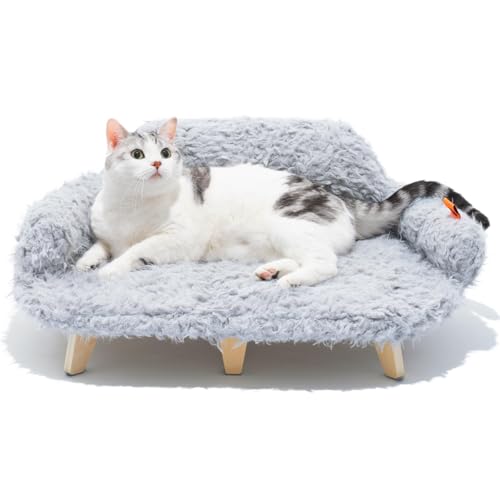 MEWOOFUN Katzensofa & Katzen Bett, 66 x 46,5 x 21,6 cm Erhöhtes Holz-Katzenbett mit Waschbarem Matratzenbezug, Robustes, Modernes Katzenmöbel für Schlafende Katzen (grau) von MEWOOFUN