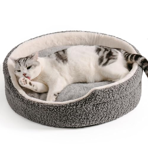 MEWOOFUN Katzenbetten für Indoor-Katzen, groß, 58 x 58 cm, rundes Katzenbett, weich mit doppelseitiger Matte, Haustierbett waschbar für Katzen, Welpen und kleine Hunde, Grau von MEWOOFUN