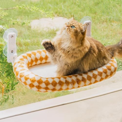 MEWOOFUN Großes Katzen Hängematte Fenster mit Abnehmbarem Dickem Bezug - Faltbare Hängematte Katze Fenster Stabil für Katzen, Katzen Hängematte mit 4 starken Saugnäpfen hält 18kg (Braun, M) von MEWOOFUN