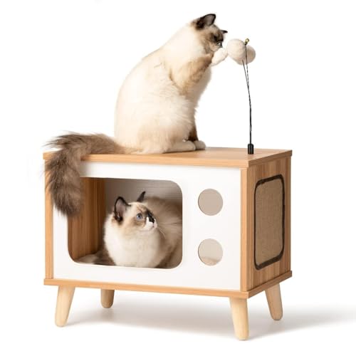 MEWOOFUN Katzenhaus aus Holz, für den Innenbereich, TV-Form, stabiles Katzenhaus mit Kissen, Katzenkratzer, Glocke, Ballspielzeug, großes erhöhtes Katzenhöhlenbett, hält bis zu 8 kg, Beige, 50 x 29 x von MEWOOFUN