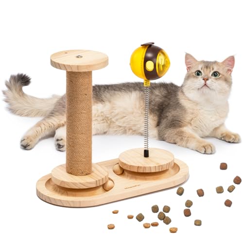 MEWOOFUN Katzenkratzbaum, Interaktives Katzenspielzeug mit Katzen-Leckerli-Spielzeug & Katzenballbahn, Bienen Katzenfutterspender Spielzeug mit Doppel Holzkreis Kugelbahn, Katzenpuzzle Feeder für von MEWOOFUN