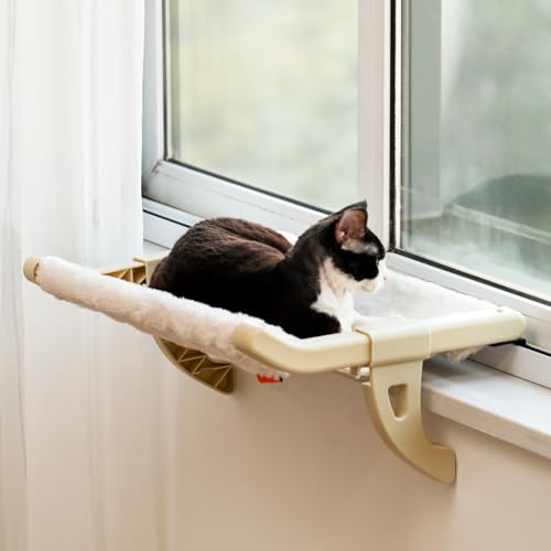 MEWOOFUN Katzensitzbank zur Fensterbankmontage für Hauskatzen, einstufig verschiebbare Katzenfenster-Hängematte mit abnehmbaren Bezügen, saugnapffreies Katzenbett für Fensterbank (White, M) von MEWOOFUN