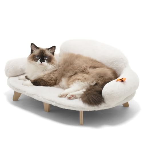 MEWOOFUN Katzensofa mit stabilen Holzbeinen, Katzenstuhl Bett Plüsch Katzenbett, warmes und weiches Katzensofa für kleine Hunde und Katzen, belastbar bis 15kg, Weiß von MEWOOFUN