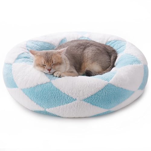 MEWOOFUN Katzensofabett - Wäschebares Katzenbett für Hauskatzen Groß, Flauschiges Beruhigungskätzchenbett für kleine Hunde und Welpen (M, Blau Argyle) von MEWOOFUN