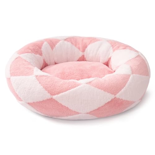 MEWOOFUN Katzensofabett - Wäschebares Katzenbett für Hauskatzen Groß, Flauschiges Beruhigungskätzchenbett für kleine Hunde und Welpen (M, Rosa Argyle) von MEWOOFUN