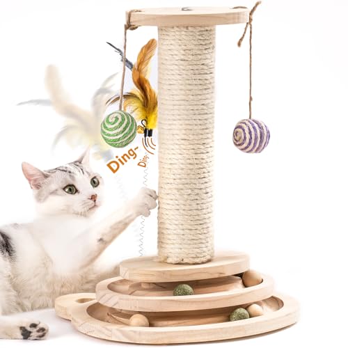 MEWOOFUN Katzenspielzeug aus Holz Roller 2-lagiger Drehteller Interaktives Katzen Spielzeug mit Federn, 3-in-1 Kitten Spielzeug interaktiven Bällen und hängenden Bällen und Katzenkratzen (Large) von MEWOOFUN