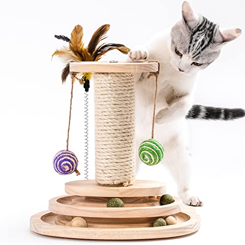 MEWOOFUN Katzenspielzeug aus Holz Roller 2-lagiger Drehteller Interaktives Katzen Spielzeug mit Federn, 3-in-1 Kitten Spielzeug interaktiven Bällen und hängenden Bällen und Katzenkratzen (Klein) von MEWOOFUN