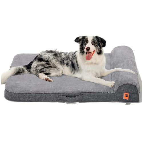 MEWOOFUN Hundebett mittelgroß, waschbar, mit orthopädischem Eierkarton-Schaumstoff, Hundematratze mit abnehmbarem, wasserdichtem Bezug und Rutschfester Unterseite, 91 x 66 x 16,5 cm (Grau, L) von MEWOOFUN