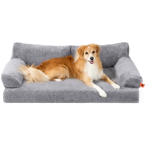 MEWOOFUN Orthopädisches Hundesofa, groß, wasserdicht, Anti-Angst-Plüschbezug für Welpen, 105 x 70 x 30 cm (Grau, XL) von MEWOOFUN