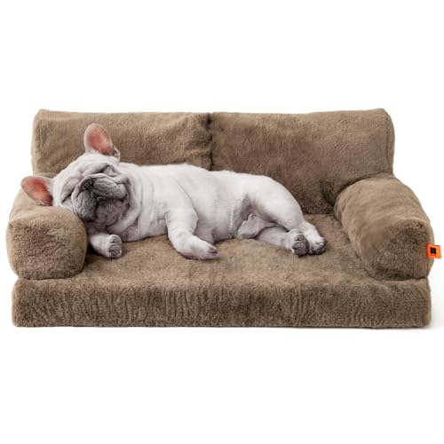 MEWOOFUN Orthopädisches Hundesofa, mittelgroß, wasserdicht, Anti-Angst-Plüschbezug für Welpen, 90 x 65 x 30 cm (Braun, L) von MEWOOFUN