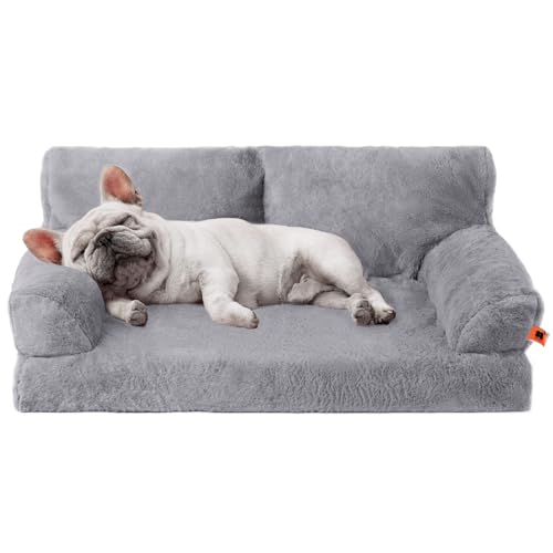 MEWOOFUN Orthopädisches Hundesofa, mittelgroß, wasserdicht, Anti-Angst-Plüschbezug für Welpen, 90 x 65 x 30 cm (Grau, L) von MEWOOFUN