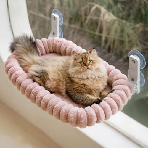 MEWOOFUN Plüsch Katzen hängematte Fenster mit abnehmbarem wendbarem Bezug – weicher Katzen fensterliege mit verdicktem Stahlrahmen, katzenbett Fenster mit 4 Saugnäpfen Stabiler Halt bis 18kg, Rosa von MEWOOFUN