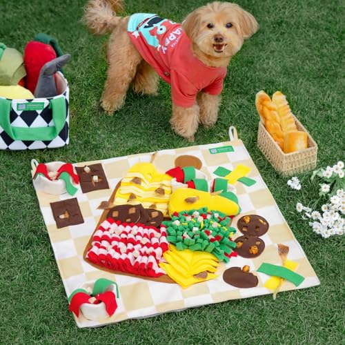 MEWOOFUN Schnüffelmatte für Hunde und Katzen, mit Schnüffelspielzeug, 70 cm, waschbar, für alle Rassen, langlebige Schnüffelmatte für Hunde und Katzen, niedliches Picknick-Thema, interaktives von MEWOOFUN