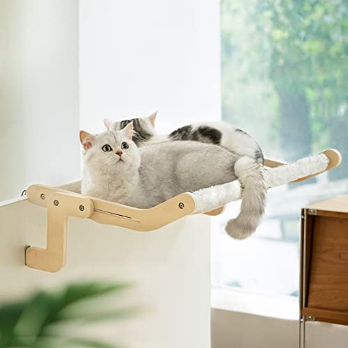 MEWOOFUN Stabile Katzenfensterstange Katzenhängematte für Fenster Katzenfenster Sitzbett mit Wendematte ohne Saugnapf ohne Bohren Katzenstangen hält bis zu 18 kg (Beige) von MEWOOFUN