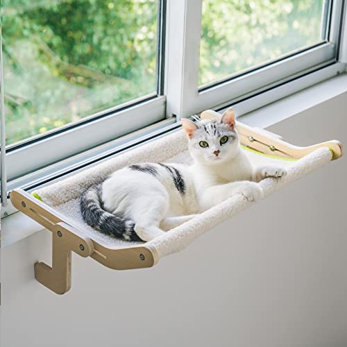 MEWOOFUN Stabile größere Katzen-Fensterstange, Katzenhängematte für Fenster, Katzenfenster, Sitzbett, mit wendbarer Matte, kein Saugnapf, kein Bohren, Katzen-Sitzstangen, hält bis zu 18 kg von MEWOOFUN