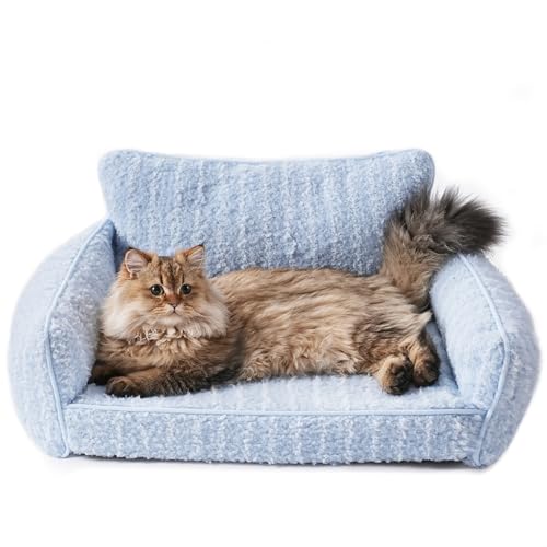 MEWOOFUN Stilvolles Katzen-Sofabett für Hauskatzen – Orthopädisches kleines Hundesofa mit rutschfester Unterseite, Hunde-Couch-Bett für kleine und mittelgroße Hunde (Blau, M) von MEWOOFUN