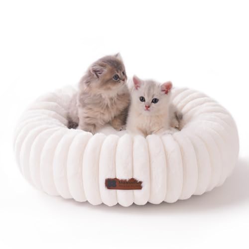 MEWOOFUN katzenbett Flauschig Donut Hundebett Kleine Hunde Waschbares - Angstlösendes Beruhigendes katzenbett Große Katzen Welpenbett mit Rutschfester Unterseite, weiß 50x50cm von MEWOOFUN