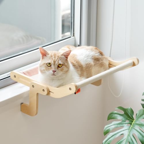 MewooFun Katzen-Fensterstange Lounge Mount Hängematte Fenster Sitz Bett Regale für Indoor Katzen ohne Bohren kein Saugnapf (Pink/Grau) von MEWOOFUN