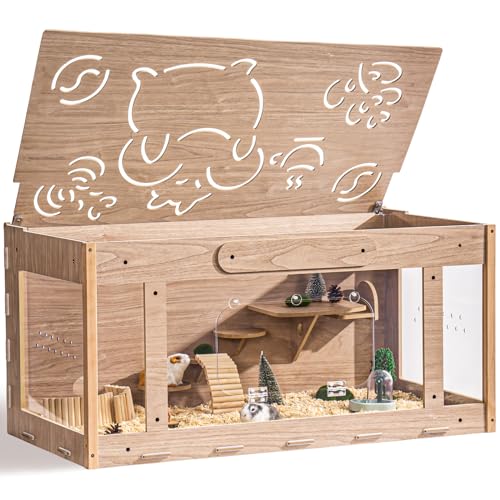 MEWOOFUN Hamsterkäfig aus Holz groß für Goldhamster – 100 x 50 x 50 cm Lebensraum für Kleintiere, großer Hamsterkäfig transparent zum Betrachten, Café Thema von MEWOOFUN