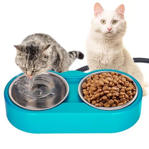 ​Beheizter Wassernapf für Katzen – 1,342 ml Outdoor Beheizter Futternapf mit 2 Edelstahlnäpfen, Thermostatische Kontrolle, um Wasser und Futter im Winter vor dem Einfrieren zu halten von MEWTOGO