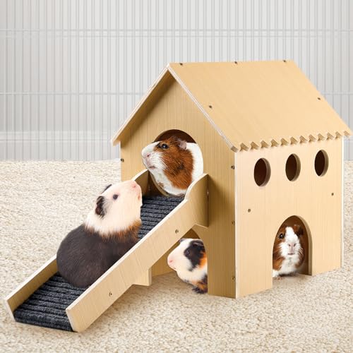 Großes Meerschweinchen-Versteck aus Holz – 2-stöckiges stabiles Meerschweinchenhaus mit Dachboden und Treppe, Kleintierhütte für Hamster, Chinchilla, Frettchen, Hasen, Spielverstecken von MEWTOGO