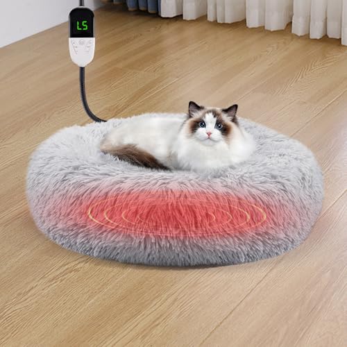 MEWTOGO Beheiztes Katzenbett für Indoor-Katzen, 60 cm, weiches, gemütliches Katzenwärmbett mit Katzenheizkissen, 6 Stufen einstellbarer Timer und Temperatur für Haustiere bis zu 11,3 kg, Winterruhe von MEWTOGO