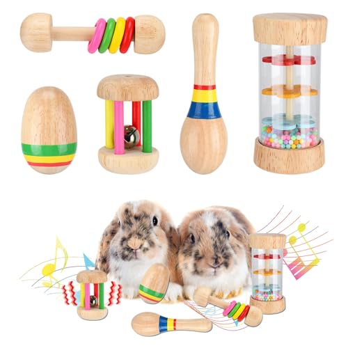 MEWTOGO Hasenspielzeug aus Holz, sicheres Kaninchenspielzeug, mehrfarbig, bissfest, Meerschweinchen-Spielzeug für Chinchillas, Hamster, kleine Tiere, die drinnen und draußen spielen, 5 Stück von MEWTOGO