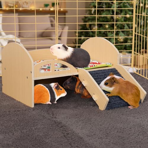 MEWTOGO Meerschweinchen-Bett Versteck aus stabilem Holz für Kleintiere, Plattform mit stabiler Treppe und Matte, kleines Haustier-Geschenk für Kaninchen, Chinchilla, Hamster, Verstecken und Schlafen von MEWTOGO