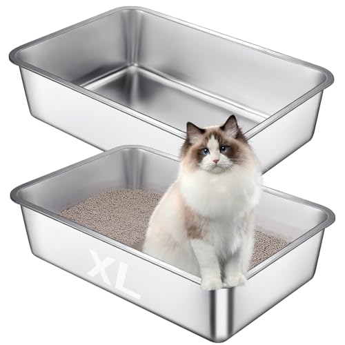 XL Katzentoilette aus Edelstahl, stabile Metall-Katzentoilette, leicht zu reinigen, kein Geruch, nicht klebrig, glatte Oberfläche mit hoher Seite, für große Katzen, 60 x 40 x 15 cm, 2 Stück von MEWTOGO