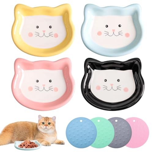 4 Pcs Katzennapf Keramik, Futternapf Katze Keramik, Flache Katzennäpfe, Fressnapf Katze Keramik, Bunte Katzennäpfe, Katzen Futternapf, Katzenschüssel Flach Katzenfutter Napf Mit Rutschfester Unterlage von MEYAGOT